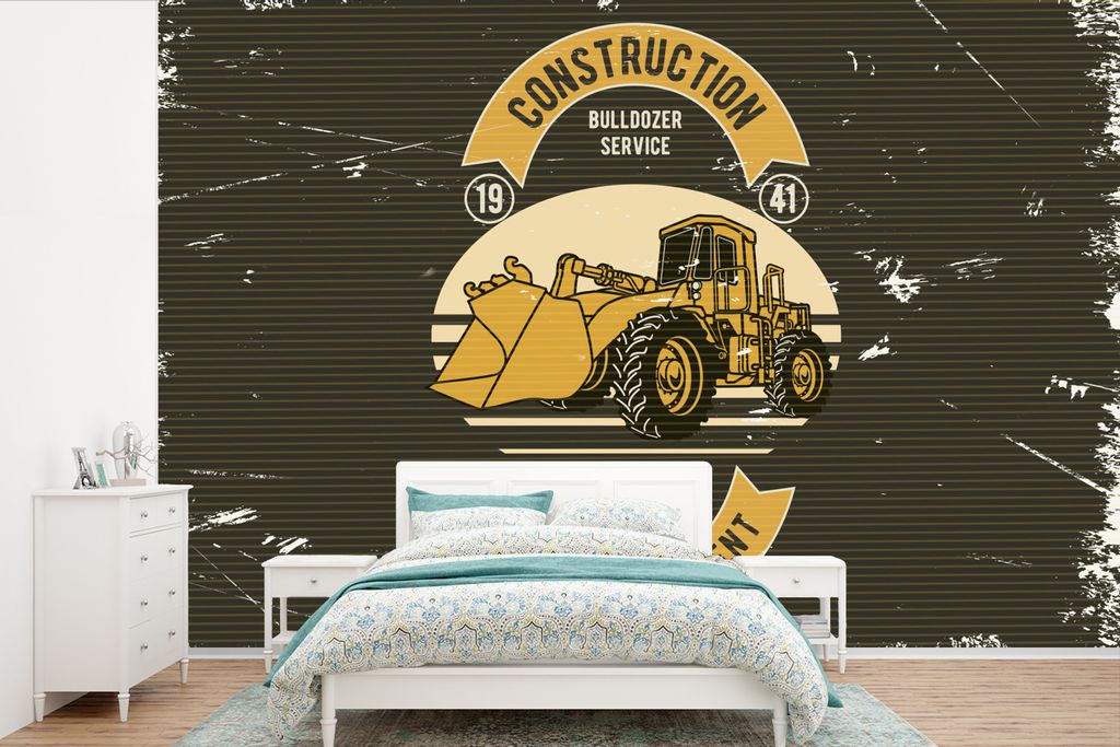 MuchoWow Fototapete für Wohnzimmer oder Schlafzimmer Wandtapete Vinyl Motivtapete Bulldozer - Gelb - Zeichnung - Retro - 525x350 cm - Das Hinter...