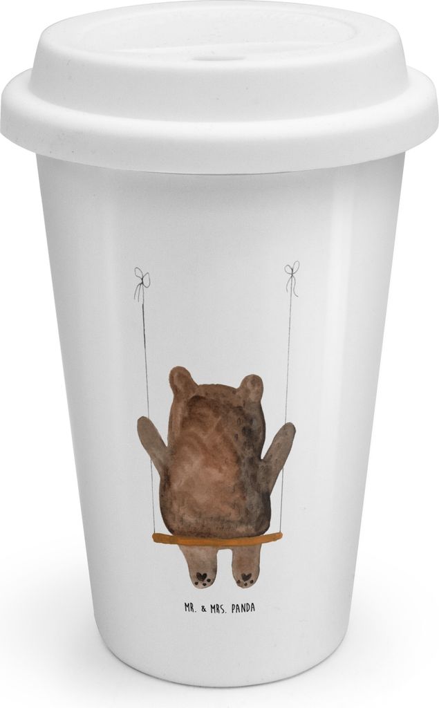Mr. & Mrs. Panda Thermobecher Bär Schaukel - Weiß - Geschenk, Isolierbecher, Coffee To Go Becher, ToGo Kaffeebecher, keramik, Teddy