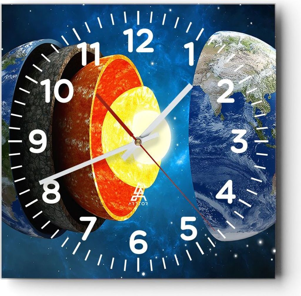 Wanduhr - Quadrat - Glasuhr - Erde Schichten Universum Kern - 40x40cm - Schleichendes Uhrwerk - Lautlos - zum Aufhängen bereit - Dekoration Modern...