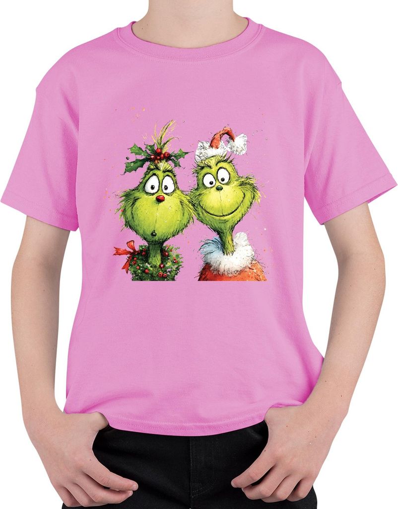 Grinch Weihnachten lustig Paar Kranz Holly Santa Hut Retro Uni Kinder T-Shirt, Pink, 116