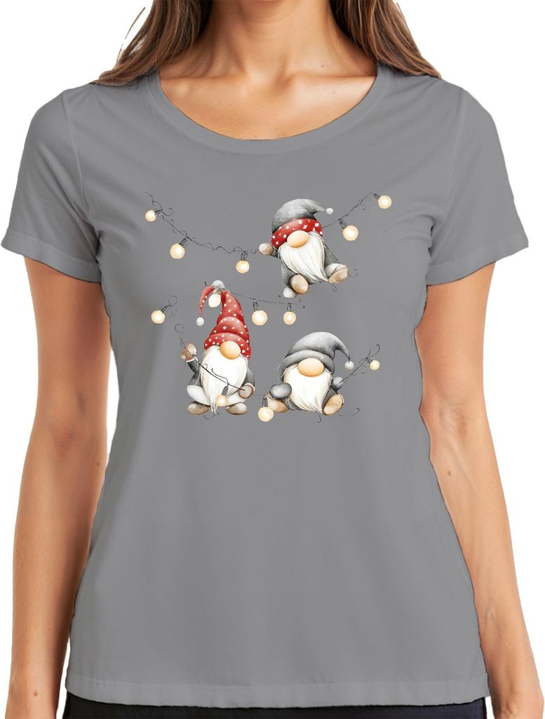 Weihnachtswichtel Weihnachten Lichterkette niedlich Skandinavisch Damen T-Shirt, Grau, 3XL
