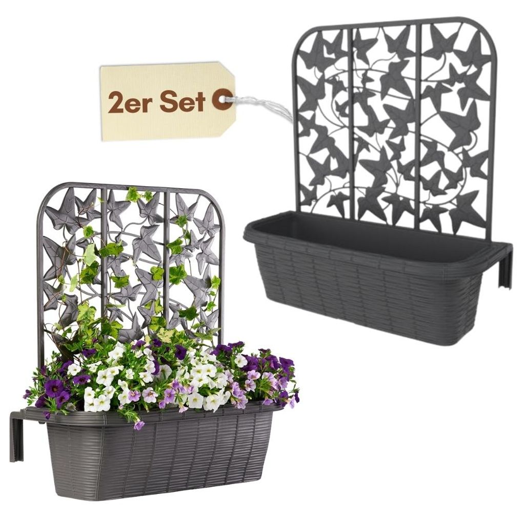 2er Set Blumenkasten Balkon Balkonkasten mit Spalier Pflanzkasten mit Wasserspeicher Blumenkasten Geländer Kasten Balkongeländer Geländerkasten ...