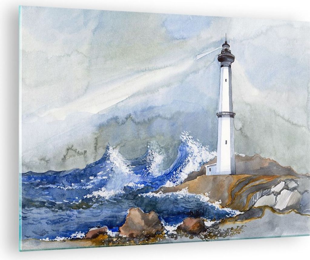 Bilder auf glas - Leuchtturm Wasser Illustration Welle - 70x50cm - Glasbilder - Wandbilder - Kunstdruck - Wanddekoration aus Glas - Glas Bilder - W...