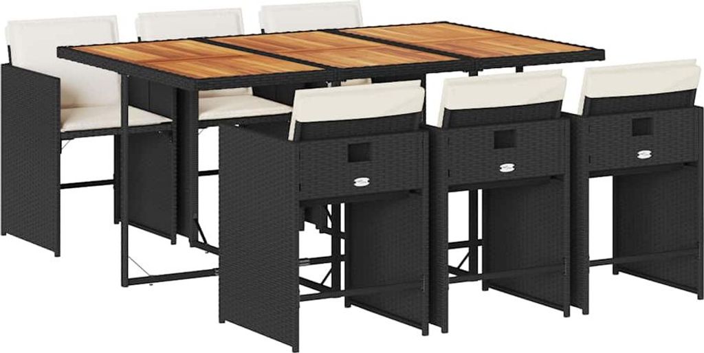 vidaXL 7-tlg. Garten-Essgruppe mit Kissen Schwarz Poly Rattan