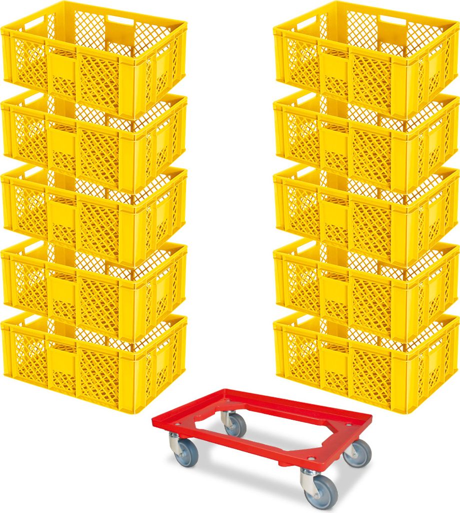 10 Stapelkörbe, Euro-Format LxBxH 600 x 400 x 240 mm, Industriequalität, lebensmittelecht, gelb + GRATIS Transportroller