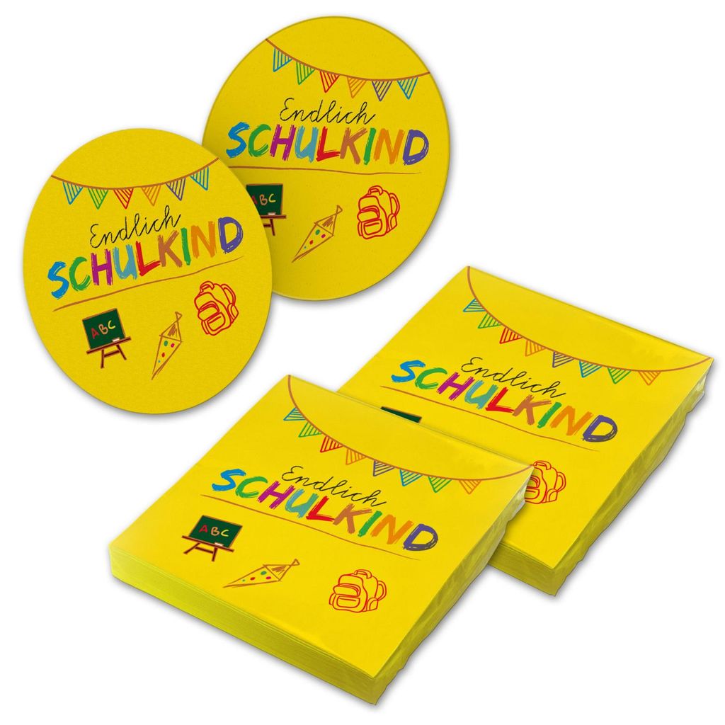 itenga 40x Serviette Endlich Schulkind Gelb mit 40x Bierdeckel Set