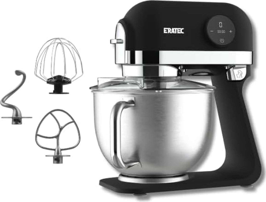 A black and silver stand mixer with three attachments displayed to the left.