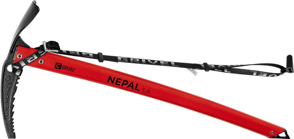 A red ice axe with a black pick and a black strap is shown against a white background.