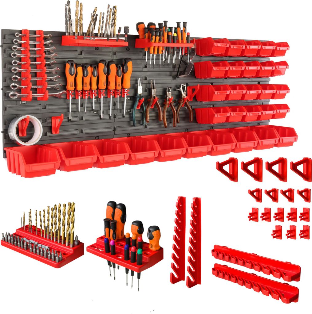 botle Werkzeugwand Lochwand aus Kunststoff, Stapelboxen + Wandregal + Werkzeughalter 55-teiliges Set, Kleinteilelager 116 x 39 cm, Wandwerkstatt ...