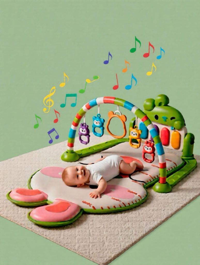 Babygym Spielmatte mit Spielbogen und Klavier - Aktivitätscenter mit Wachstumsmaß und Spieldecke in Grün und Rosa