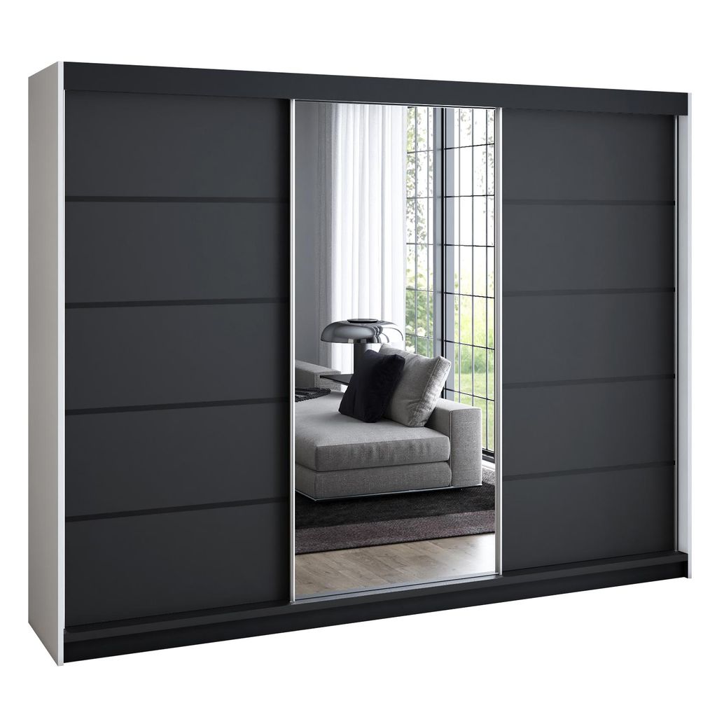 Schwebetürenschrank 200 cm, 3-türig, mit Spiegel & 4 Schubladen, Retro-Stil, modern – Kleiderschrank VILUNO 4 Weiß / schwarz / schwarz