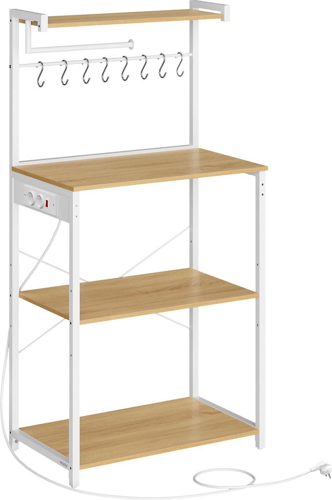 A white and wood-colored kitchen rack with multiple shelves, a top shelf, and hanging hooks.