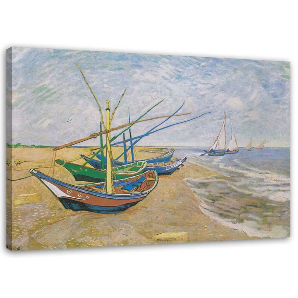 Leinwandbild fischerboote am strand von saintes-maries-de-la-mer - v. van gogh reproduktion 90x60 cm Feeby blau wandbild bereit zum aufhängen