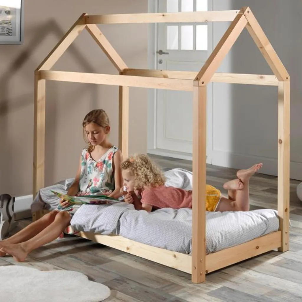 Vipack lit de maison 70x140 cm nature en pin massif pour chambre enfant