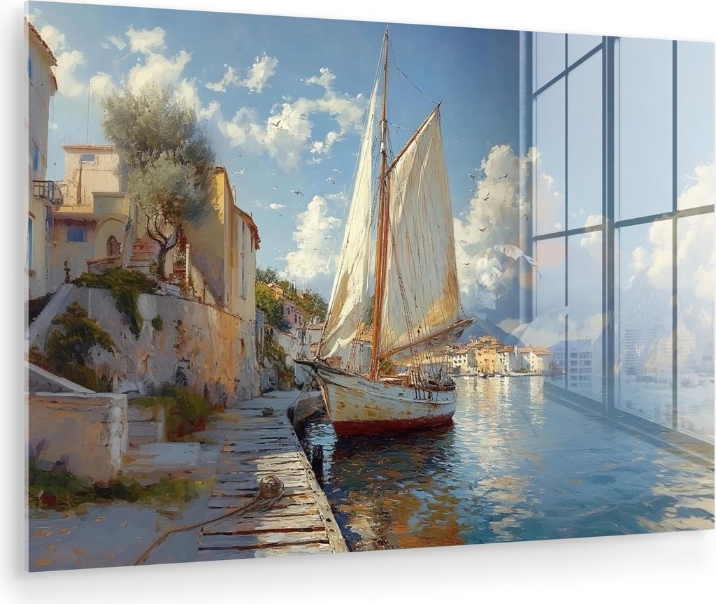 MuchoWow Glasbilder - Bilder auf Wandbild - Foto auf Glas Segelschiff - Häuser - Kai - Meer 30x20 cm Wanddekoration aus Glas - Acrylglasbild - Acr...