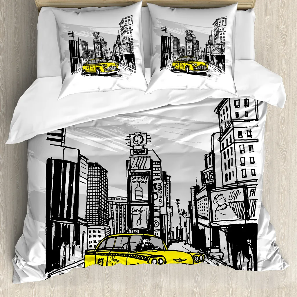 ABAKUHAUS Copripiumino Skizzenhaft, Cab in New York City, antiacaro, adatto a chi soffre di allergie, con federe, 200 cm x 200 cm - 80 x 80 cm, nero, tortora, giallo