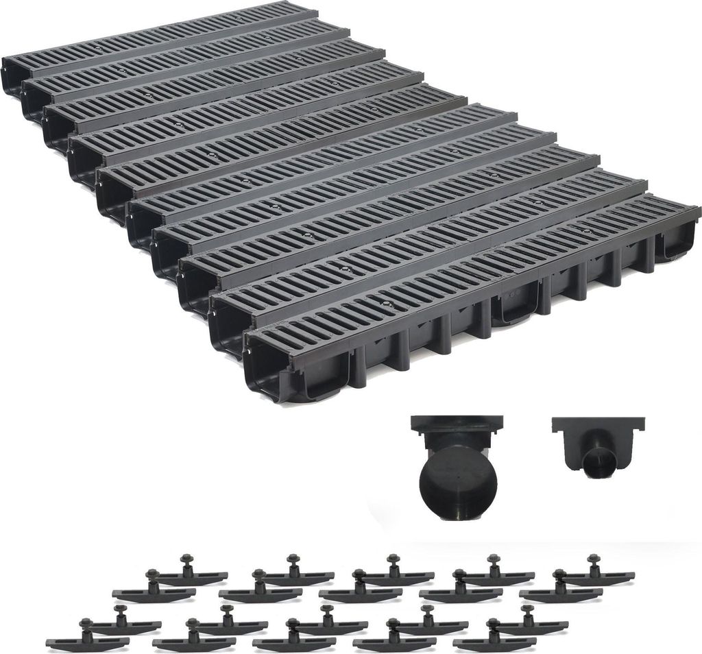 A collection of drainage channels and accessories arranged on a white background.
