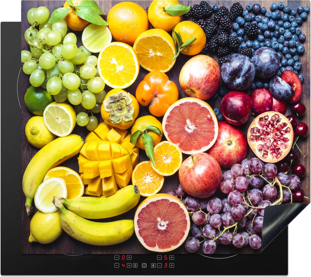 KitchenYeah Herdabdeckplatte Obst - Regenbogen - Farben , 59x52cm, Küche Deko, Glaskeramikfeld Herdabdeckung, Abdeckplatte fùr Kochfeld