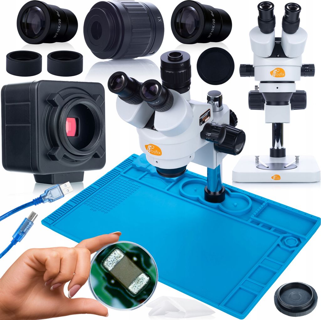 Rosfix Set Mercury Pro MSMP-T-PS1 – Trinokulares Stereomikroskop mit 7–45x Zoom & 5MP HDMI-USB Kamera | Simul-Fokus | Silikonmatte 480×320mm
