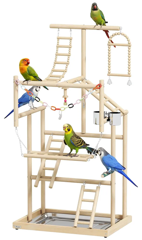 Aire de jeux pour oiseaux anti-ennui avec échelles en bois naturel