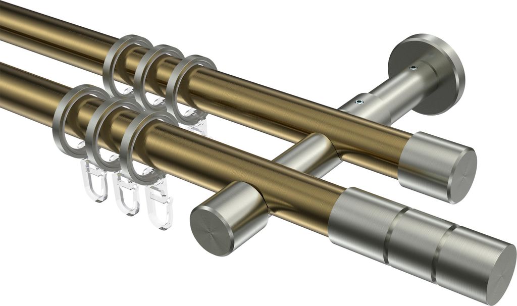Interdeco Gardinenstange / Vorhangstange Messing Antik / Edelstahl-Optik, Typ Prestige Elanto (Rillenzylinder), 20 mm Ø 2-läufig, 200 cm