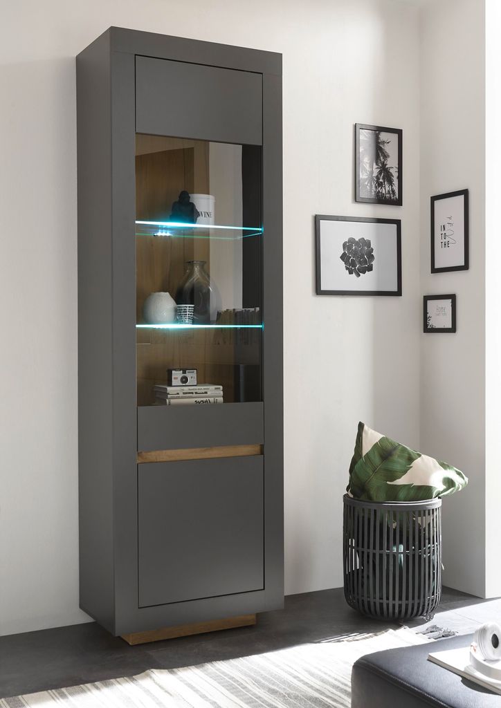LIVOJO M11 Wohnzimmer Vitrine hoch schmal 64 x 206 x 38 cm Anthrazit & Wotan Eiche
