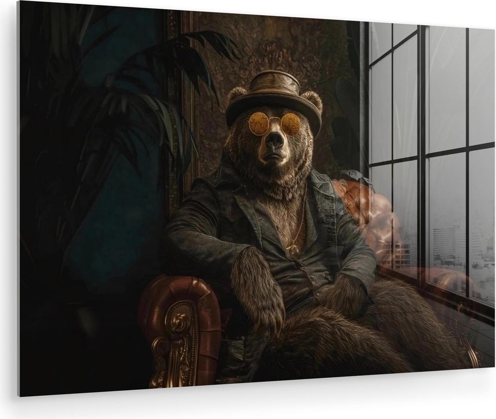 MuchoWow Glasbilder - Bilder auf Wandbild - Foto auf Glas Bär - Braun - Anzug - Hut 90x60 cm Wanddekoration aus Glas - Acrylglasbild - Acrylbilder...