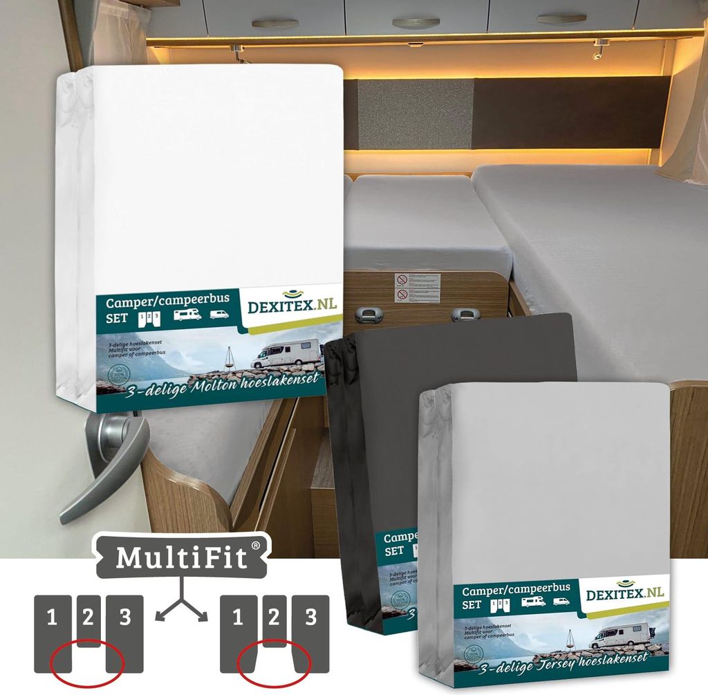 Dexitex Textilpaket Camper Heckbett mit Mittelmatratze 6er Set – 3 Spannbettlaken + 3 Molton – Hellgrau/Anthrazit – Wohnmobil & Wohnwagen