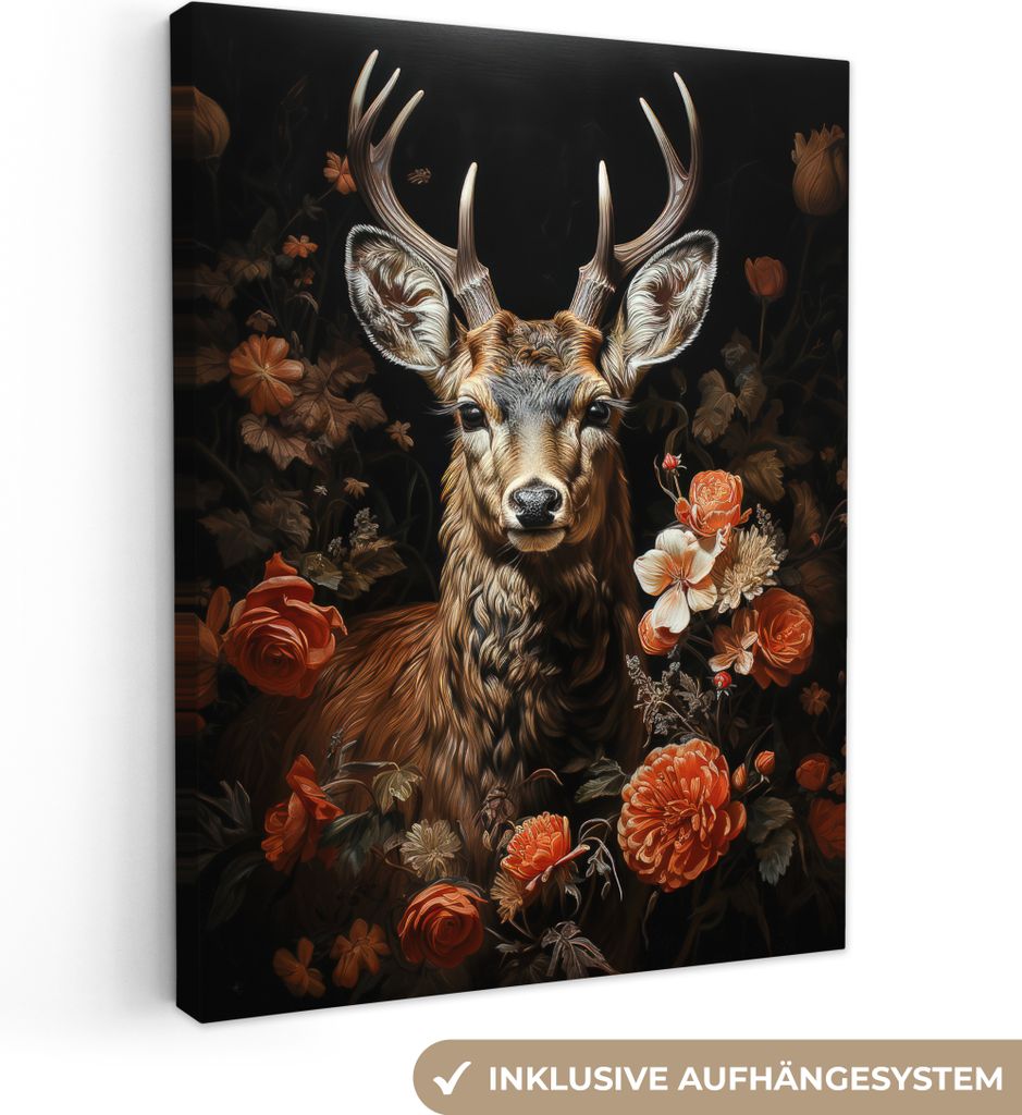 MuchoWow® - Leinwandbilder - Hirsch - Tier - Blumen - Natur Produktbild 