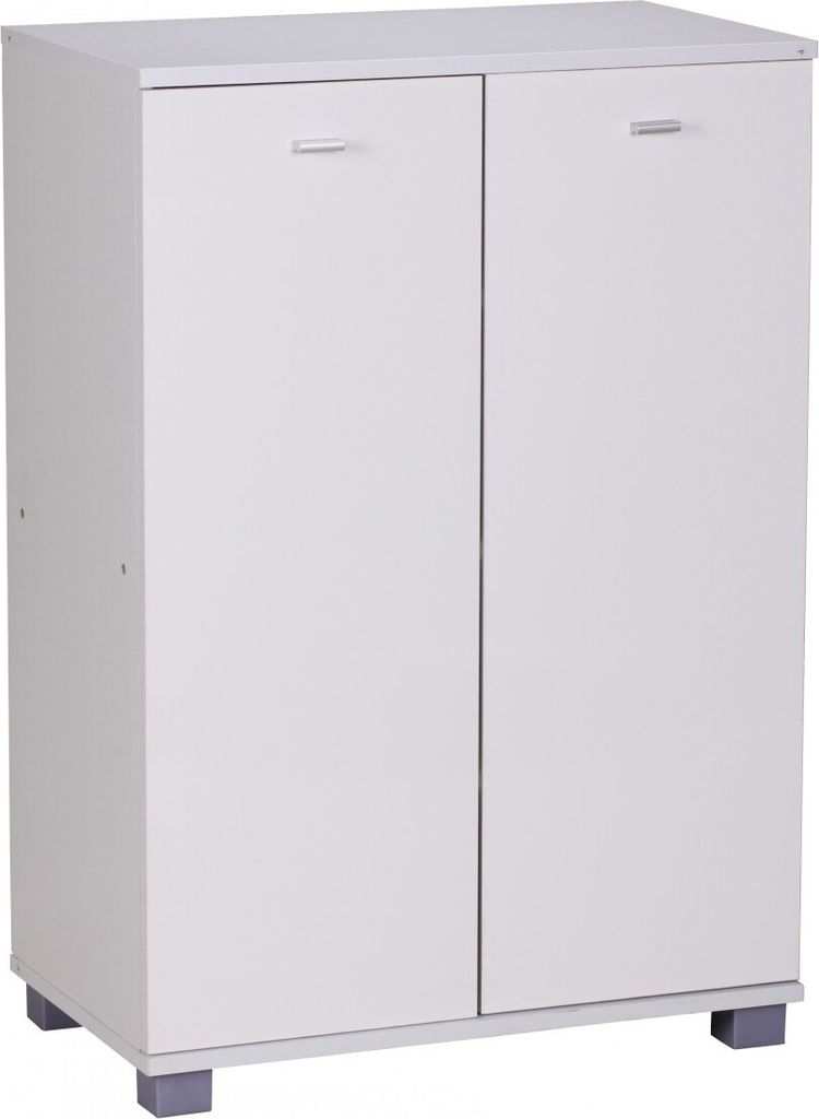 A white shoe cabinet with two doors and gray feet, shown against a white background.