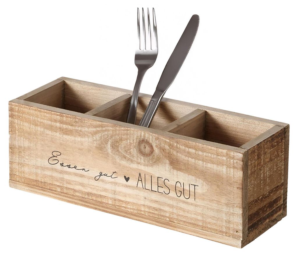 2.02 Holz Besteck Organizer ESSEN GUT ALLES GUT - ca. 28 cm - Küche Aufbewahrung Korb Kasten