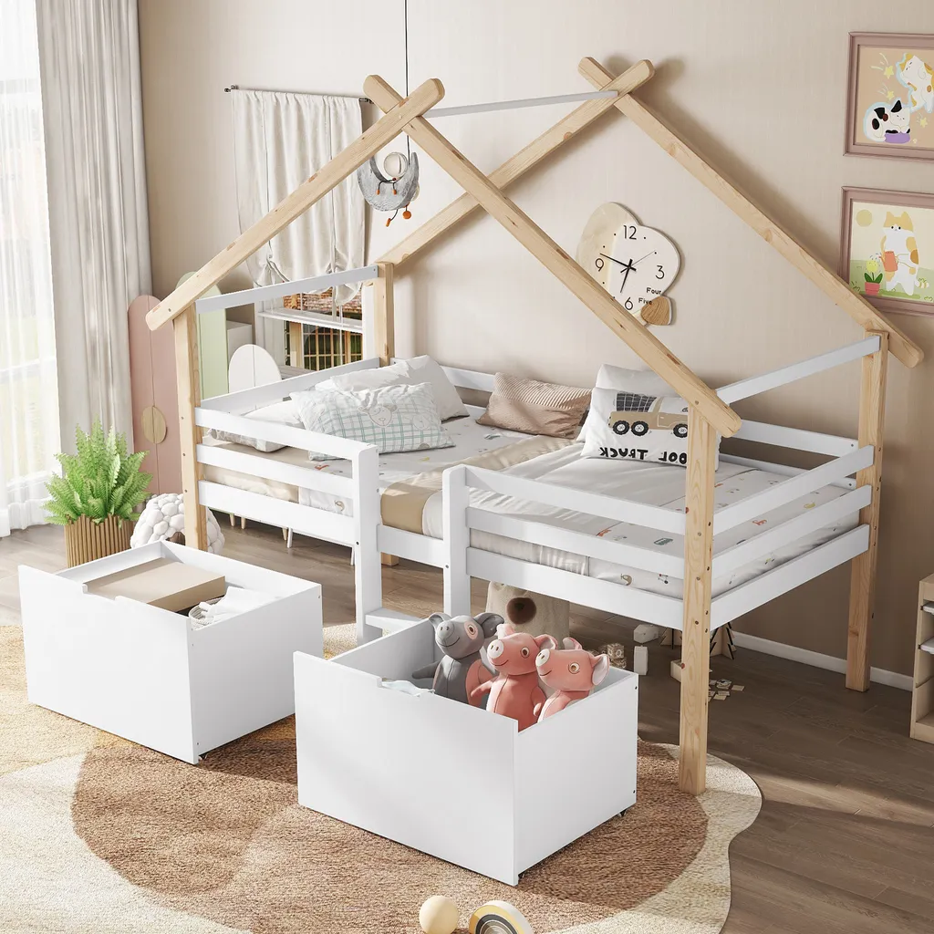 Lit Cabane Enfant 90x200 cm avec Escalier Sécurisé pour Ranger les Jouets