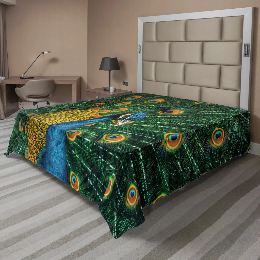 Drap de dessus décoratif Paon Tropical 244x205 cm pour Lit Double