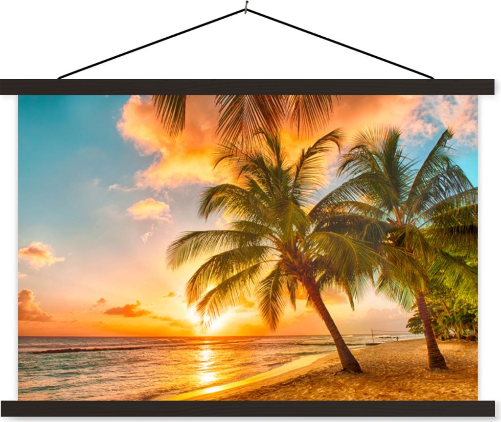 MuchoWow Textilposter Strand - Meer - Gold - Sonnenuntergang 60x40 cm mit schwarzem Rahmen - Hölzernes