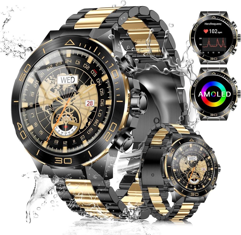 MiracDan Herren Militär Smartwatch mit Metallarmband, AMOLED Display, 100+ Sportmodi, Telefonfunktion & IP68 Wasserschutz