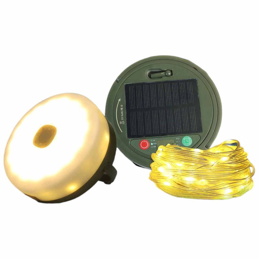 F-H-S International Solar Camping Leuchte mit Lichterkette 9,9m 8 Funkt. USB 3 Timer