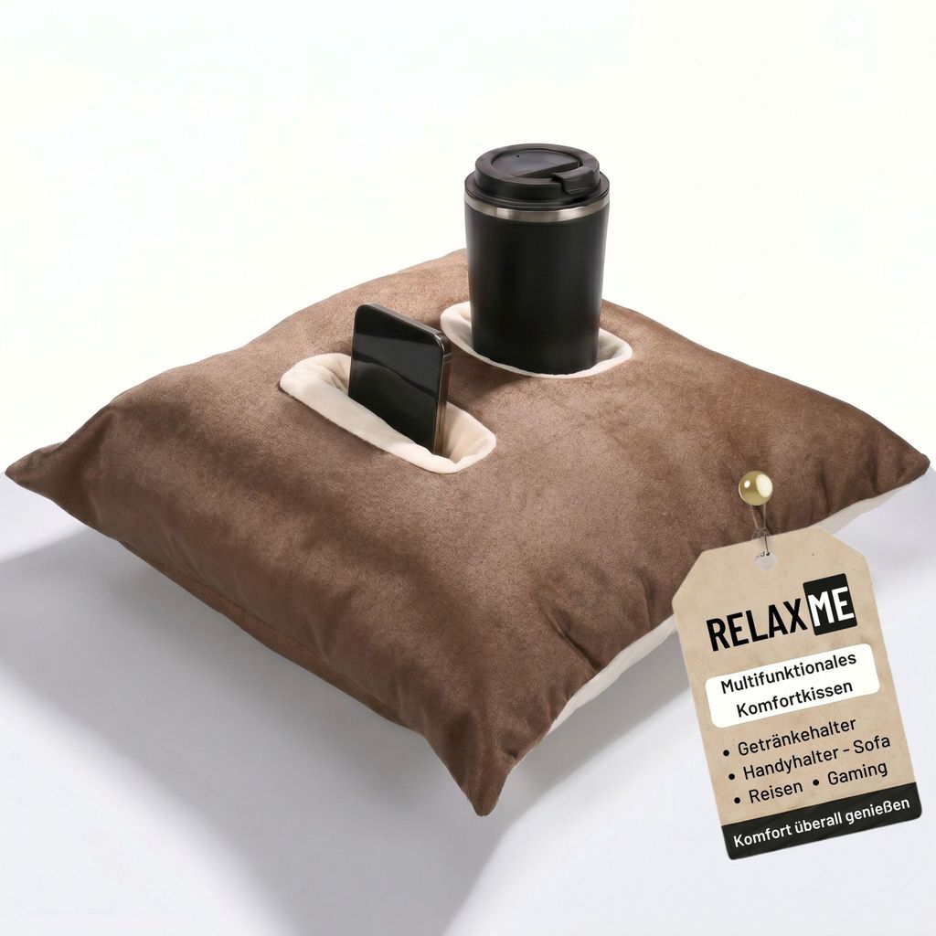 Relax-ME Kissen mit Tablet- & Getränkehalter, Sofakissen mit Handyhalter, Perfekte Geschenkidee, Braun-Beige, 40x40 cm