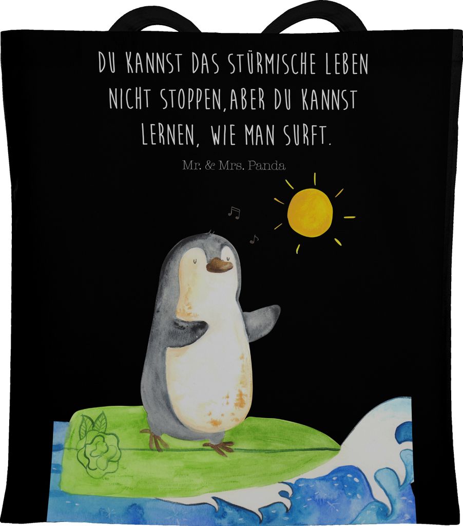 Mr. & Mrs. Panda Einkaufstasche Pinguin Surfer - Schwarz - Geschenk, Tasche, Urlaub, Optimistisch, Portugal, totebag, Hawaii, Stoffbeutel, Motivier...
