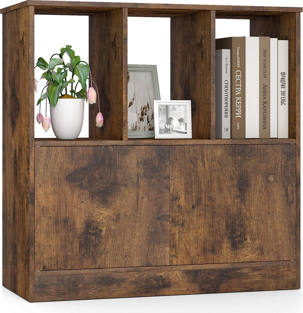 COSTWAY 3-stöckiges Bücherregal mit 2 Türen, Würfelregal mit Fächern & Bücherschrank, Standregal Holzregal Bodenaufstellung im Wohnzimmer, Braun