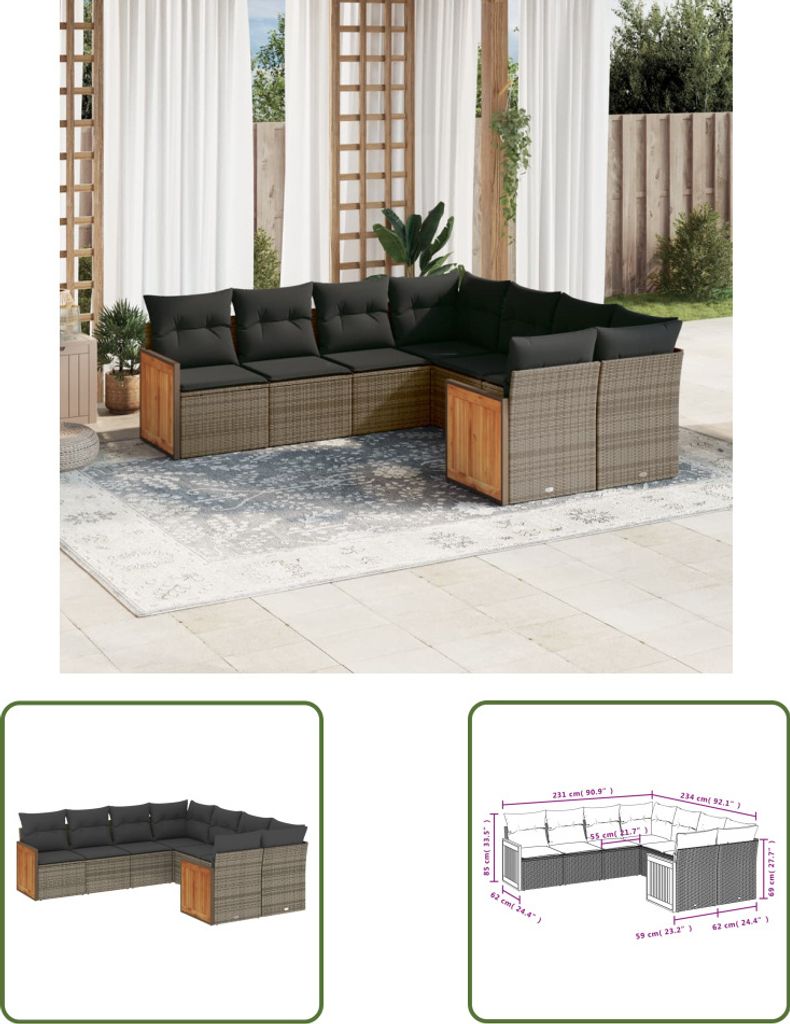 The Living Store 8-tlg. Garten-Sofagarnitur mit Kissen Grau Poly Rattan
