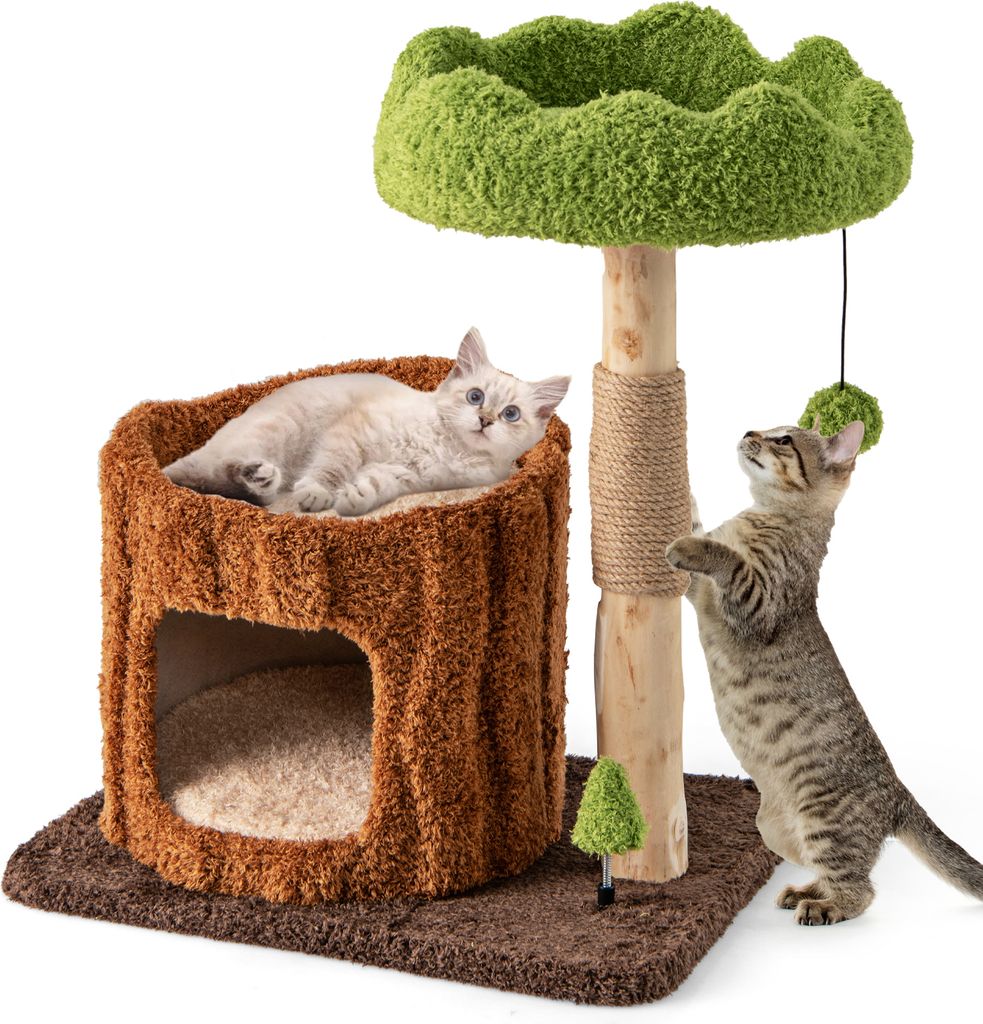 COSTWAY Kratzbaum, Katzenbaum mit Katzenhöhle in Baumlochform, Jutesäule, Liegeflächen & Ball, Katzenturm Katzenmöbel Braun Grün 60x46x73cm