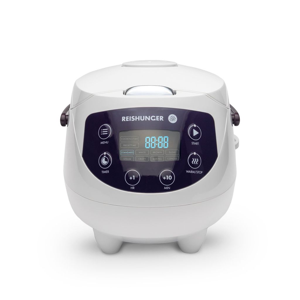 A white digital mini rice cooker with a digital display and control panel.