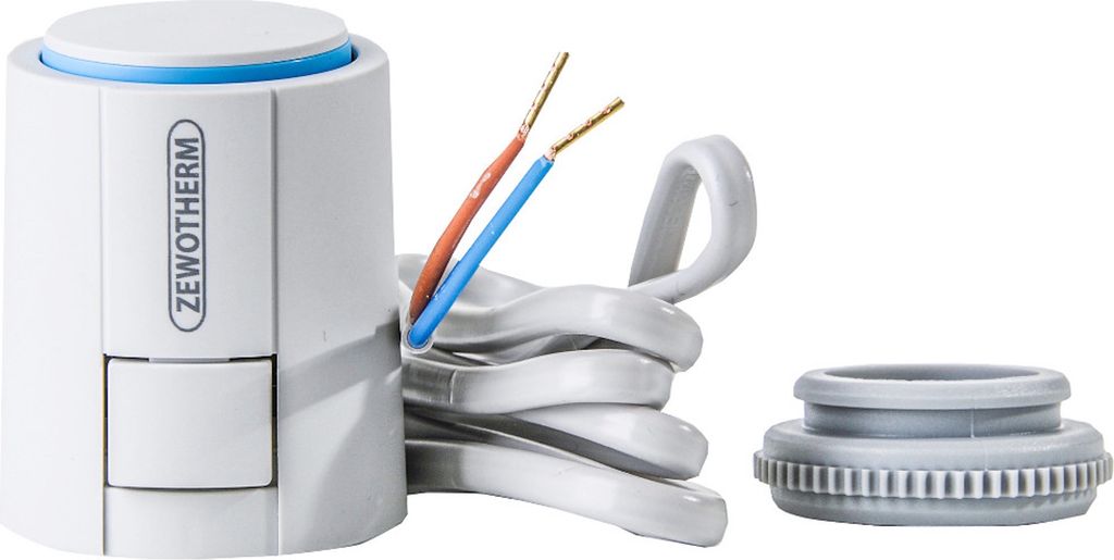 A white Zewotherm thermostatic radiator valve actuator with a blue accent ring, a coiled cable with two wires, and a gray adapter nut.