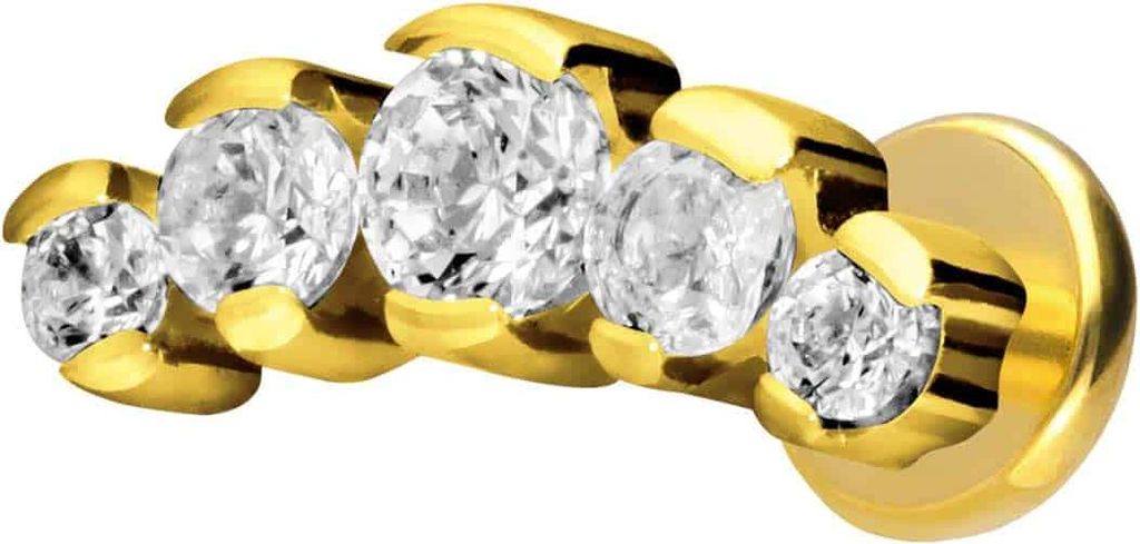 Ohrpiercing, Nasenpiercing Titan Labret mit Push Fit 5 EINGEFASSTE KRISTALLE Gold Stablänge: 10mm | Stabstärke: 1mm