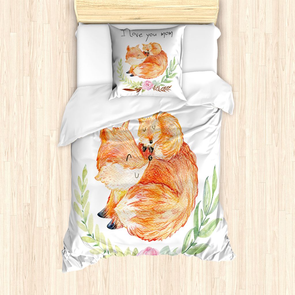 ABAKUHAUS Skizzieren Bettbezug Set für Einzelbetten, Mom Fox und das Baby Hugging, Milbensicher Allergiker geeignet mit Kissenbezug, 135 cm x 200 ...