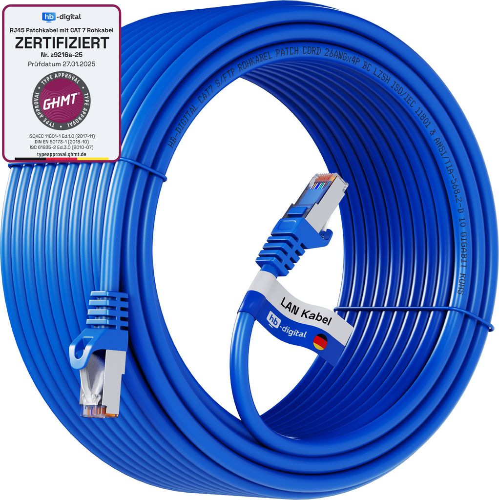 hb-digital 20m Netzwerkkabel CAT 7 Rohkabel LAN Kabel RJ45 S/FTP PiMF LSZH AWG 26 halogenfrei blau