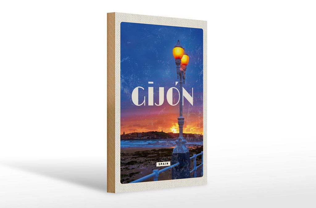 Holzschild Reise 20x30cm Gijon Spain Sonnenuntergang Meer