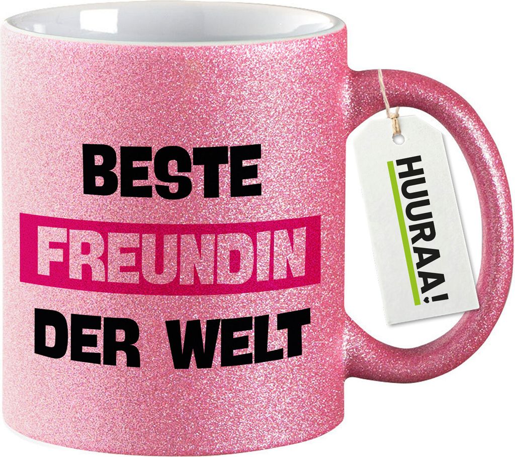 Huuraa Glitzer Kaffeebecher Beste Freundin der Welt Geschenk 330ml Pink Beste Freundin Mitbringsel