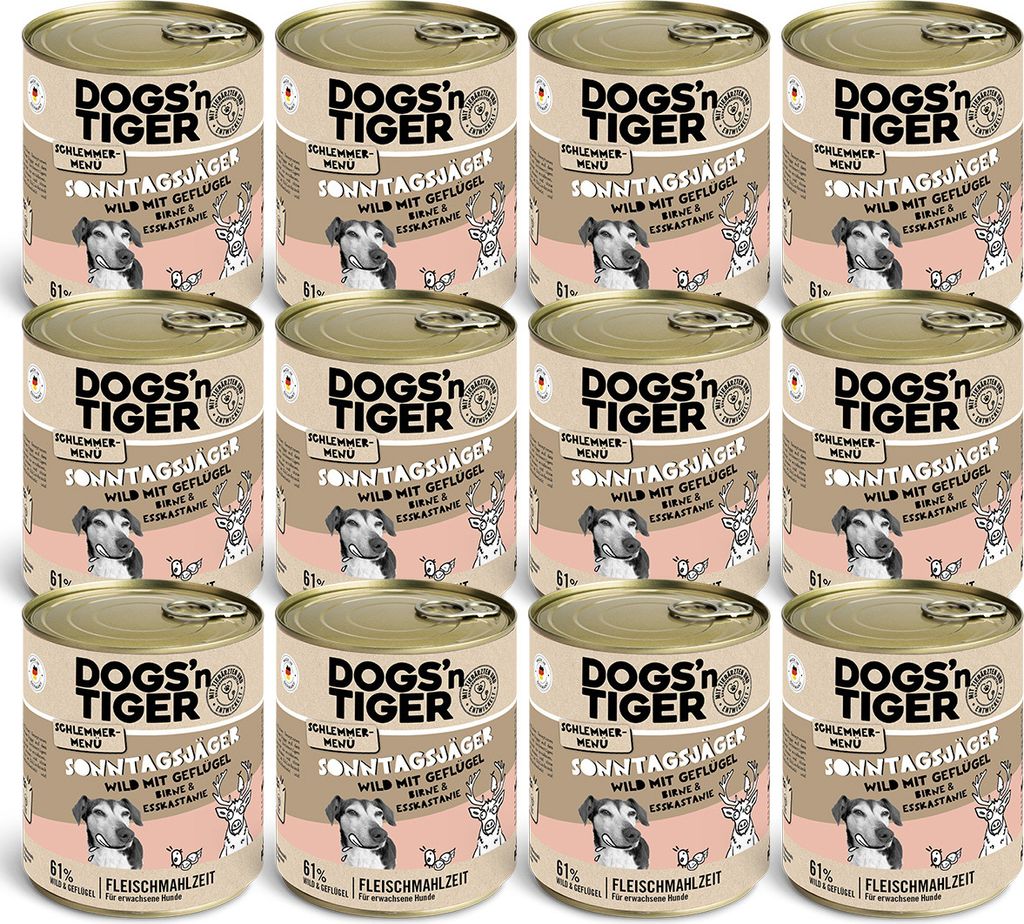 Dogs’n Tiger Adult Hundefutter, Sonntagsjäger, Hunde Nassfutter, Wild, Geflügel, Birne, Hirse & Karotte, 12x800g