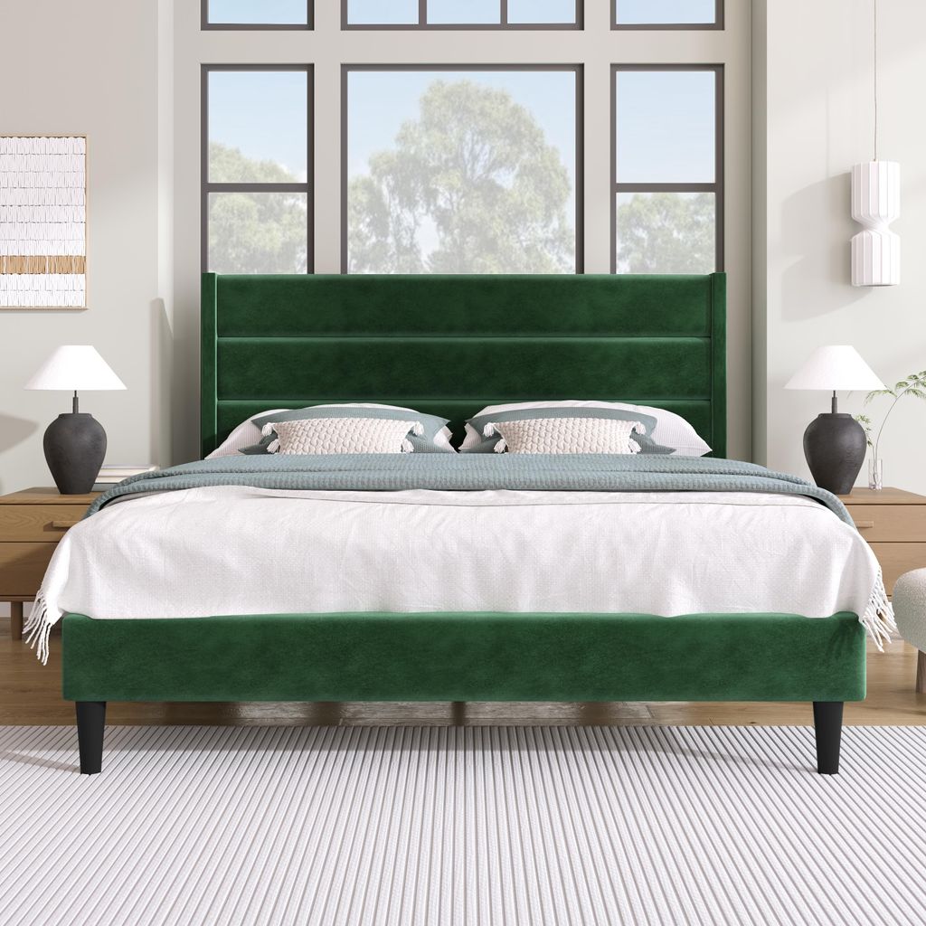 Samtgepolstertes Doppelbett mit Lattenrost, rutschfesten Füßen & modernem Design in Dunkelgrün, geeignet für Jugendzimmer, 140x200 cm